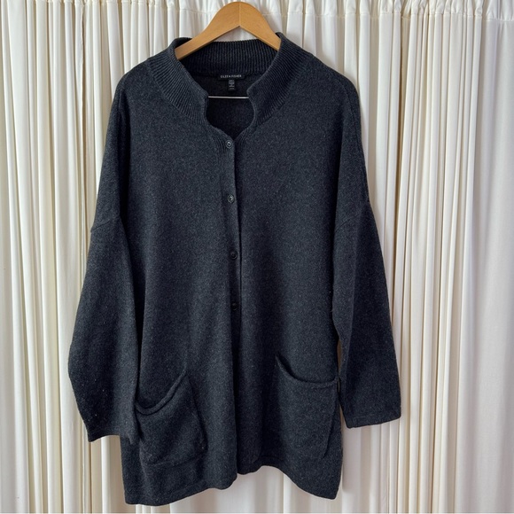 Eileen Fisher Cotton Cashmere Cardigan Boxy Fit Grey Button Front Pocket Sz XL - Picture 4 of 11